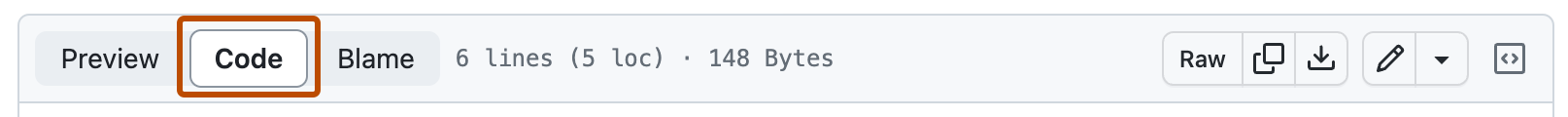 GitHub 存储库中的 Markdown 文件的屏幕截图,其中显示了用于与文件交互的选项。 标有“代码”的按钮用深橙色框出。